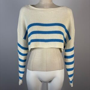 ❤️ Zara Blue & White Striped Ribbed Crop Knit Sweater Boat Neck XS